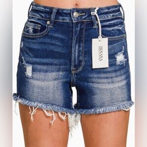 Zenana Dark Washed Raw Frayed Hem Denim Shorts